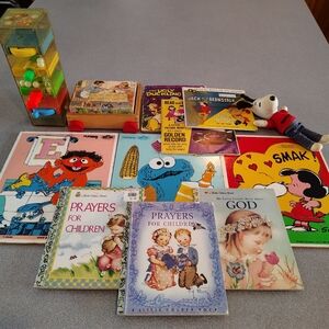 60-70s Vtg Toys: Playskool Wood Puzzles Fisher-Price Marble Game Books w/Records